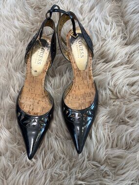 GUESS Black Patent Pointed-Toe Slingback Heels